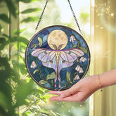 Luna Moth Stained Glass Suncatcher, Round Moonlight Window Panel with White Flowers, Mystical Insect Nature Inspired Home Decor Gift